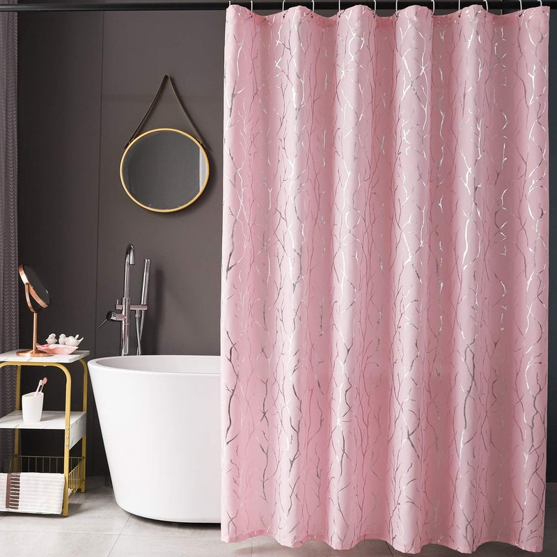 FINECITY Pink Shower Curtain Set - Metallic Silver Foil Tree Branch Pattern Print Grommet Shower Curtain with 12 Hooks for Bathroom (NOT Waterproof), 72 x 72 Inch, Silver Pink - Image 1